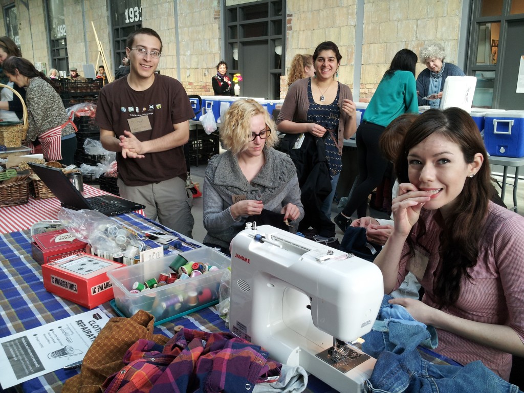 Michael, Kim, Bianca, Mardy (mostly hidden), and Barbara on her sewing machine